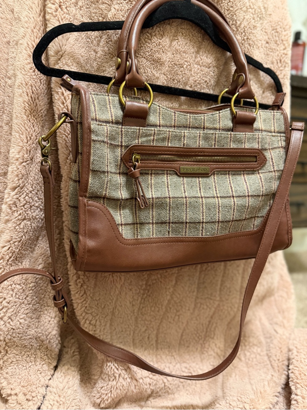 Frye & Co Brown Plaid Satchel Crossbody Bag Tweed Shoulder Purse